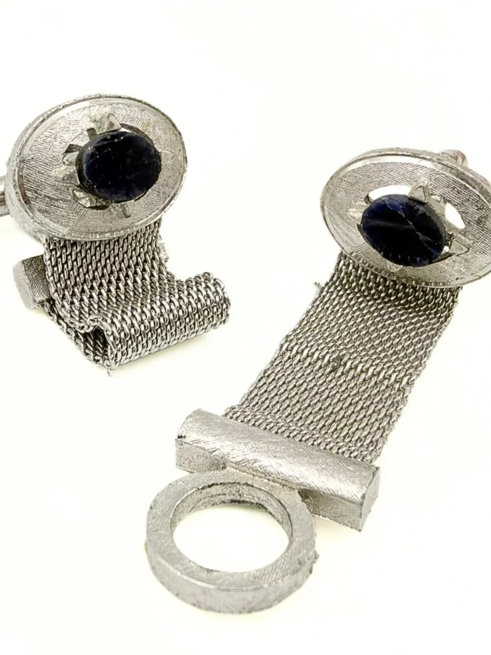 Dante Signed MCM Oval Glass Compass Motif Silver Plated Mesh Cufflinks